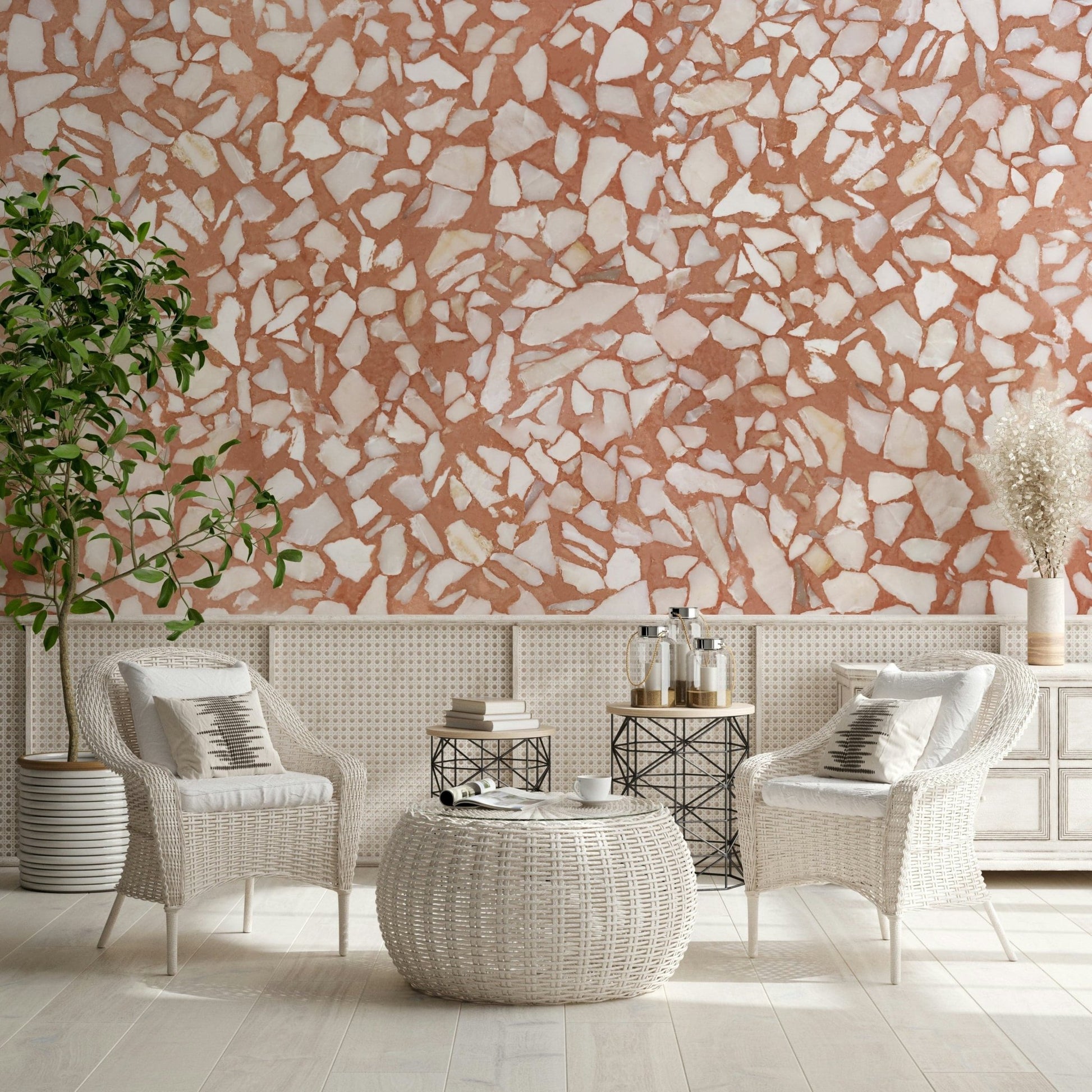 Vivid Terracotta chip Terrazzo wallpaper surface.