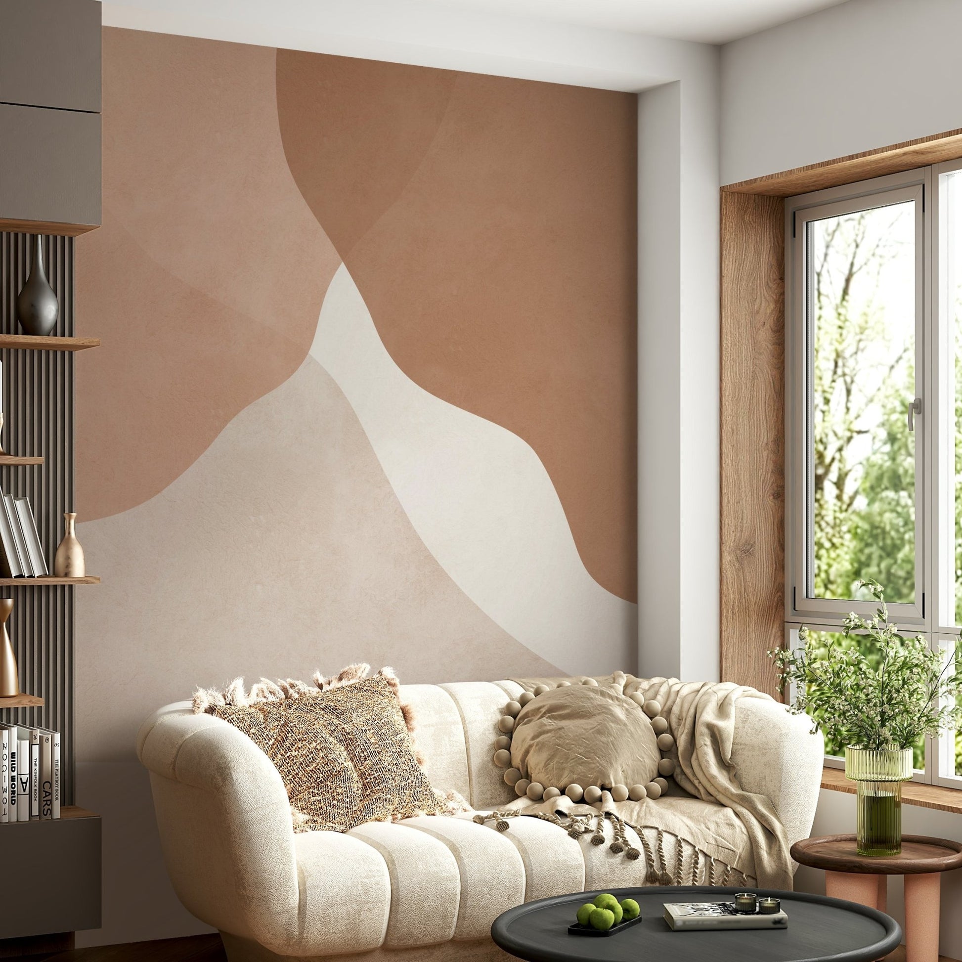 The wall mural is installed on a living room feature wall.

