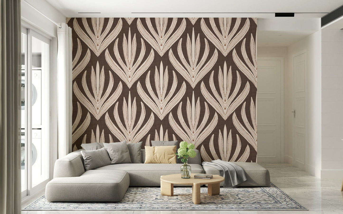 Repeating vertical design of Terra Deco Bloom Wallpaper wall mural.