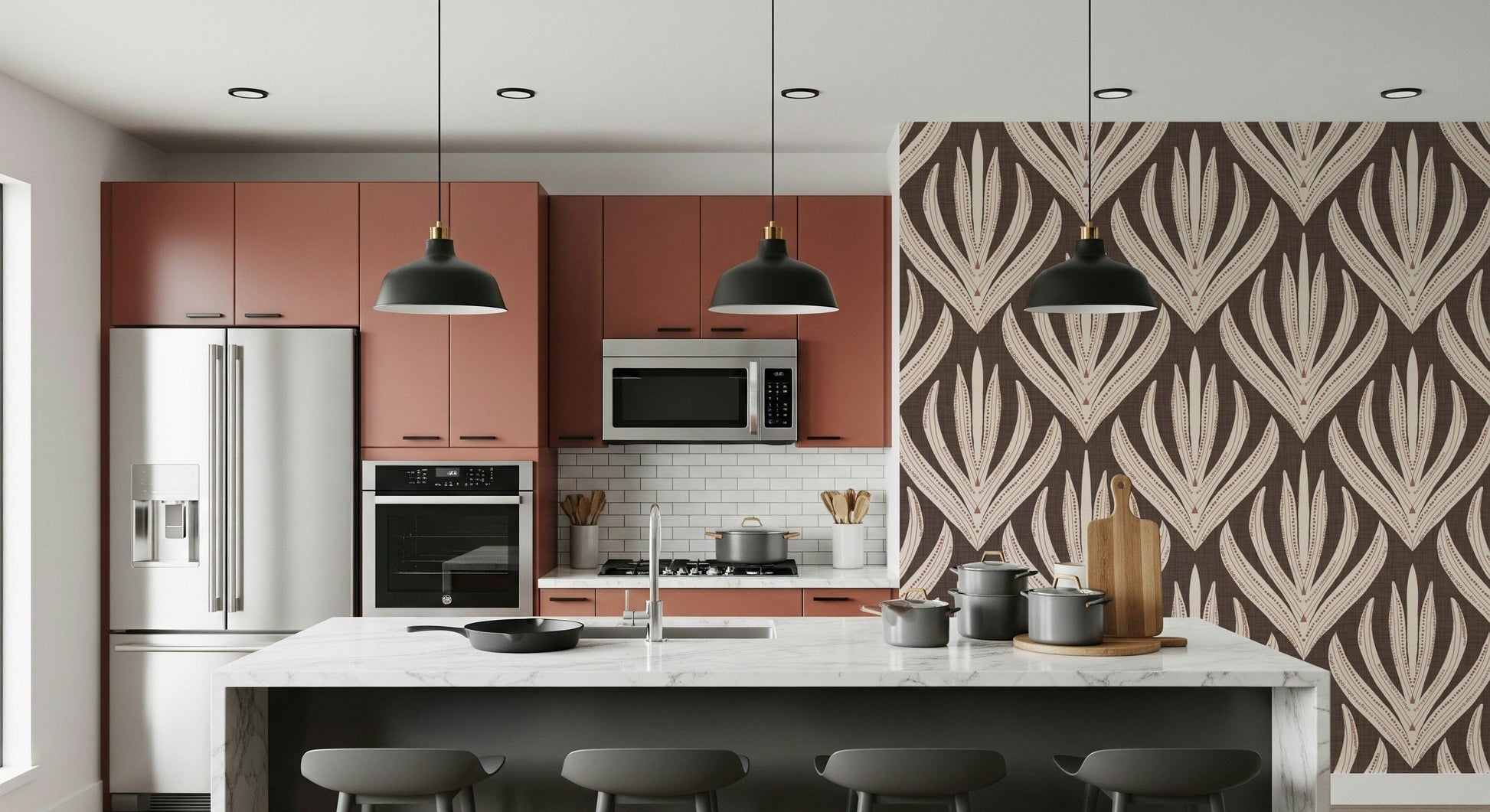 Dark cocoa background on Terra Deco Bloom Wallpaper for walls.