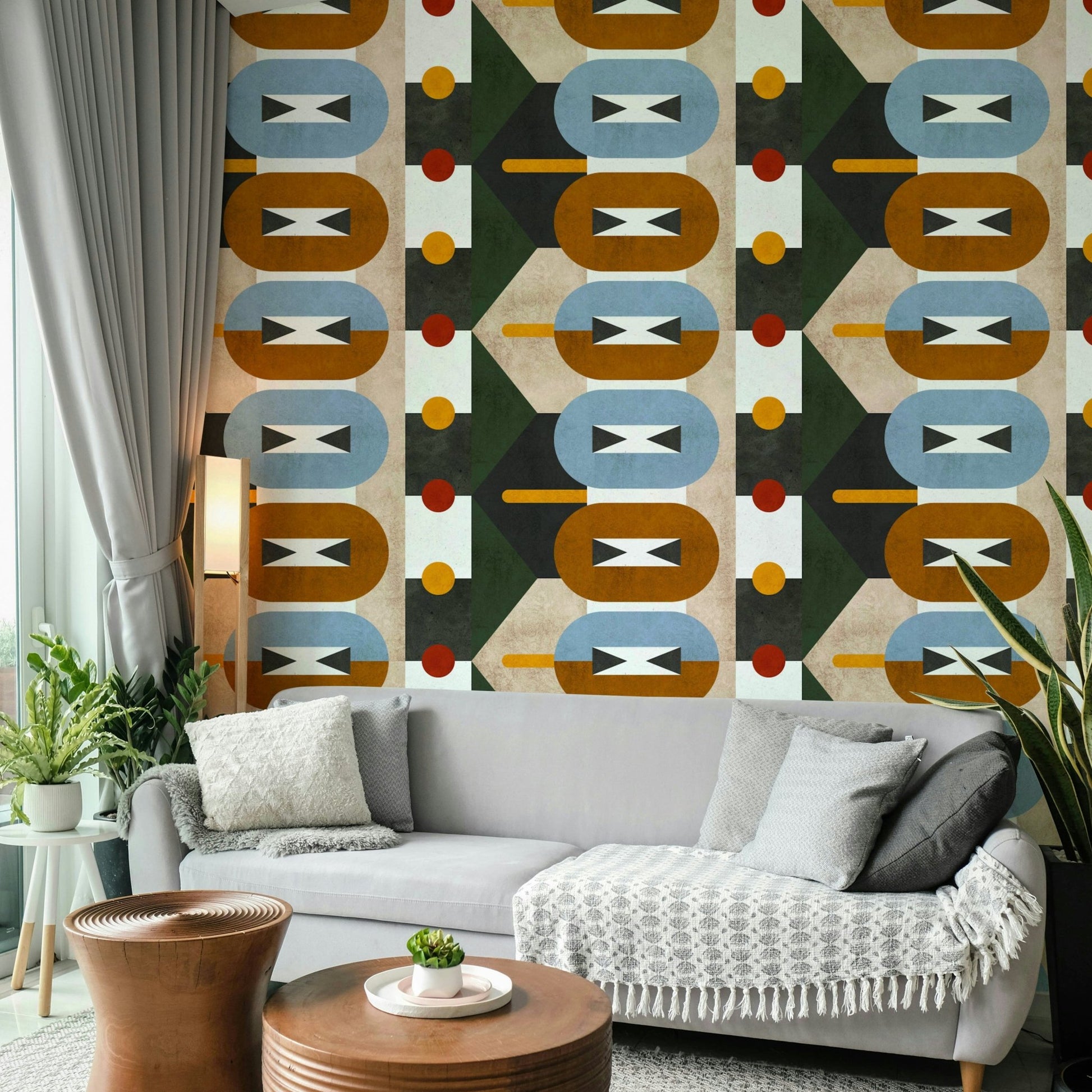 Bold geometric wallpaper with earthy colors for living rooms

