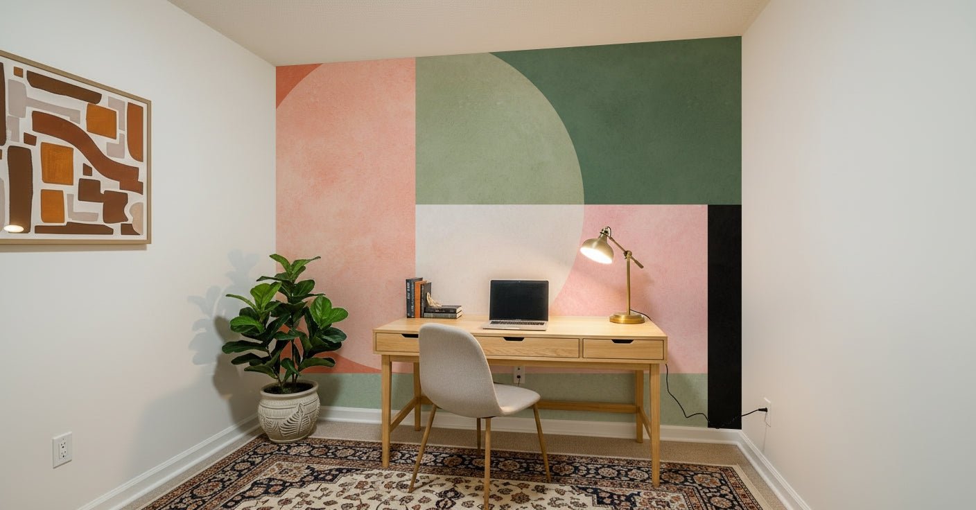 A peaceful geometric design mural on decorative wallpaper.