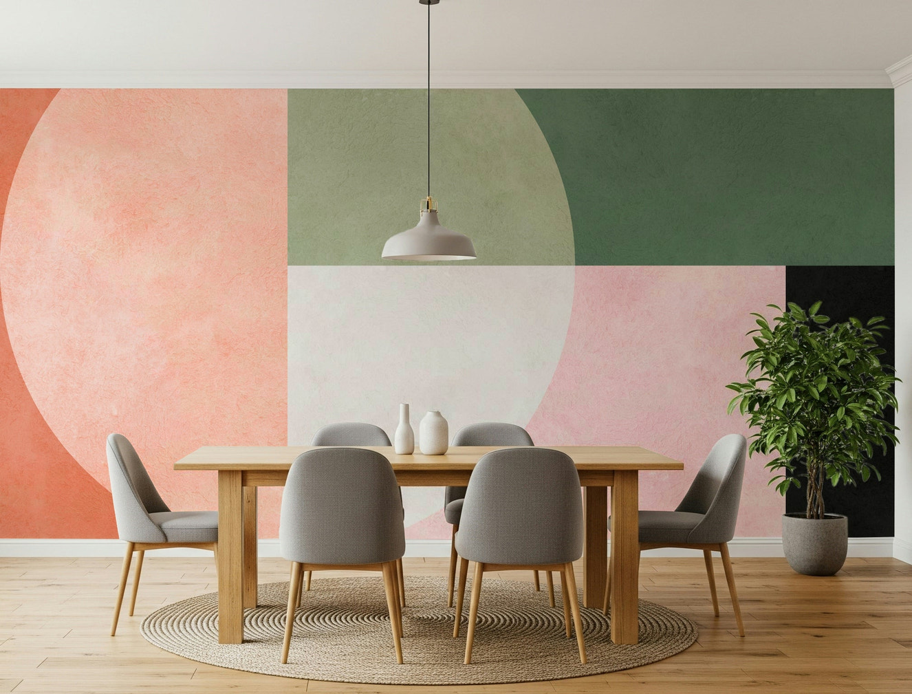 A beautiful abstract art wallpaper mural in terracotta and earthy tones.