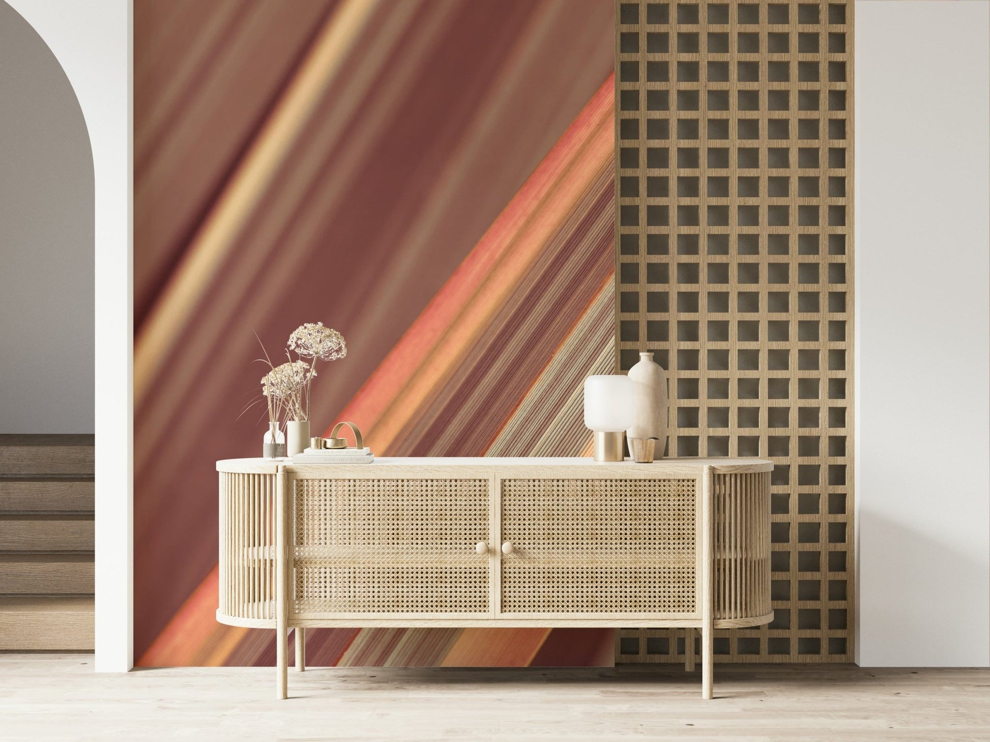 Terra Lines wallcovering, subtle blush orange botanical motif., GD7092