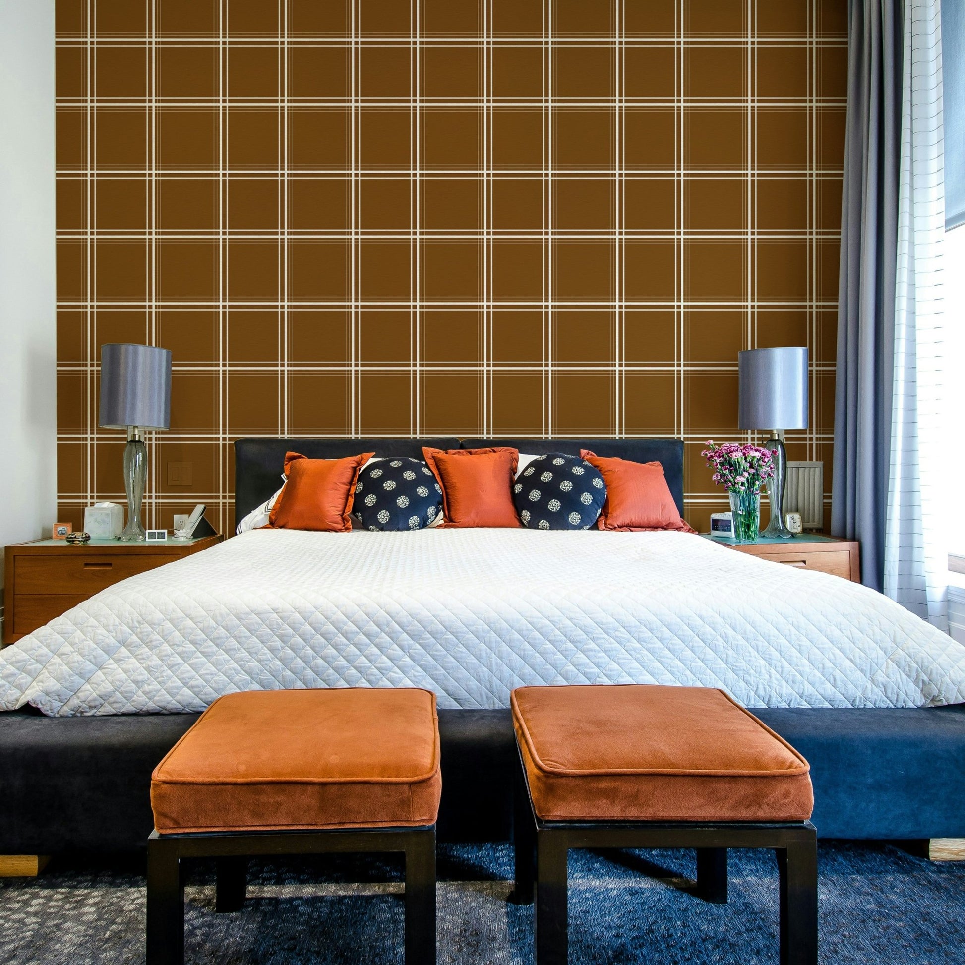 A beautiful classic living room with a plaid wall mural.

