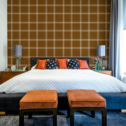 A beautiful classic living room with a plaid wall mural.

