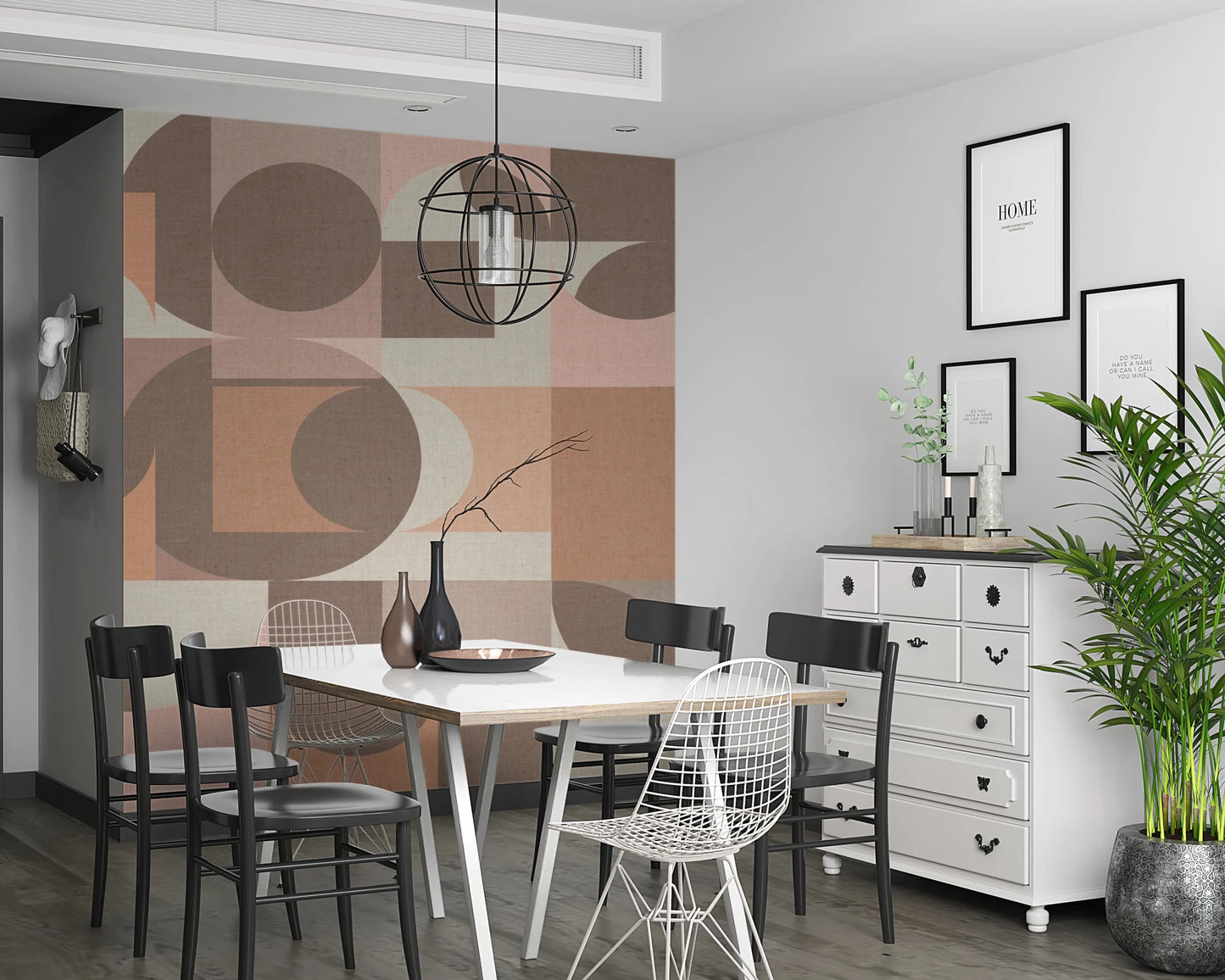 Minimalist peel and stick wallpaper with curved shapes.