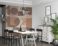 Minimalist peel and stick wallpaper with curved shapes.