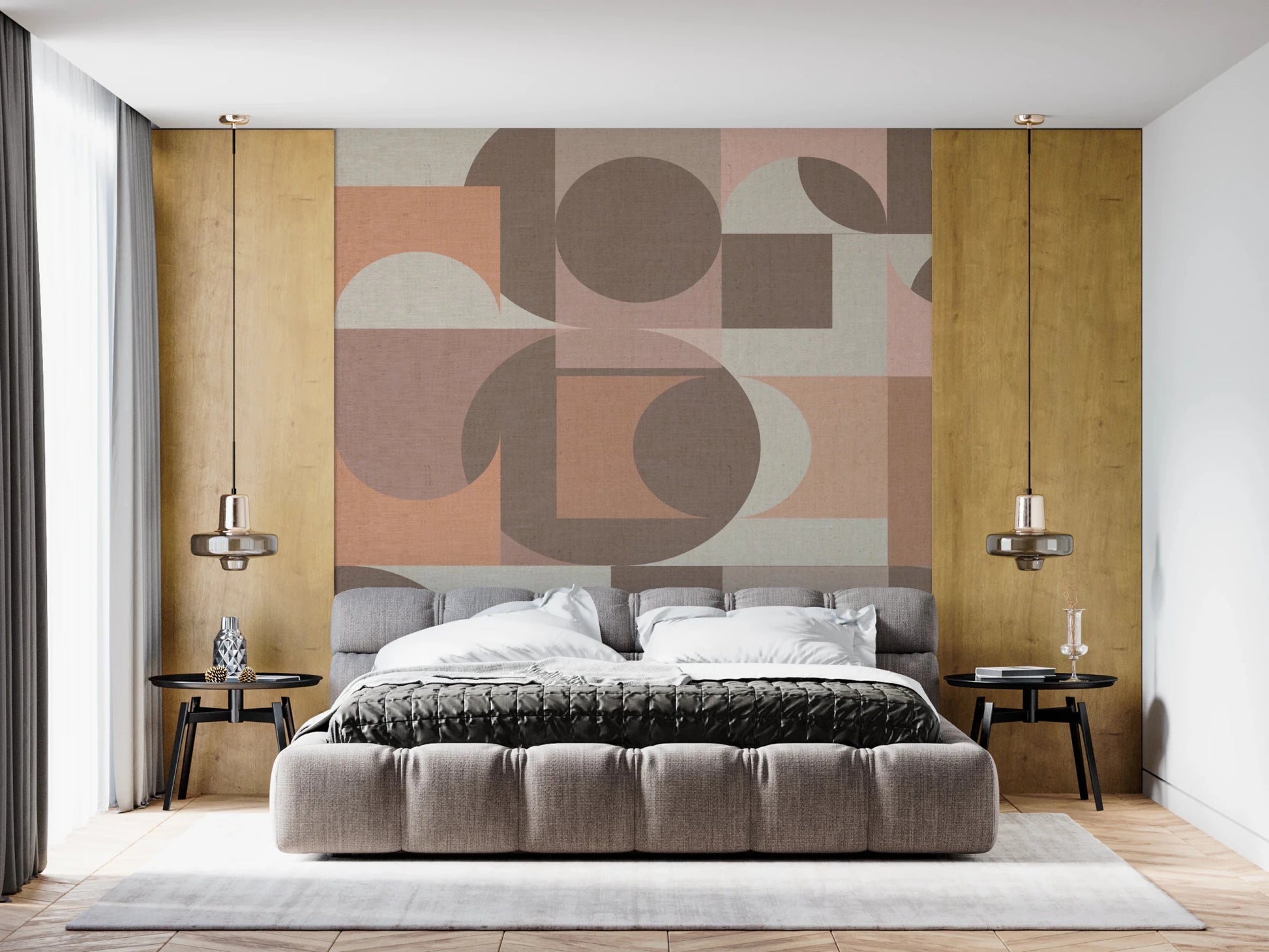 Terracotta and beige abstract shapes peel and stick mural.