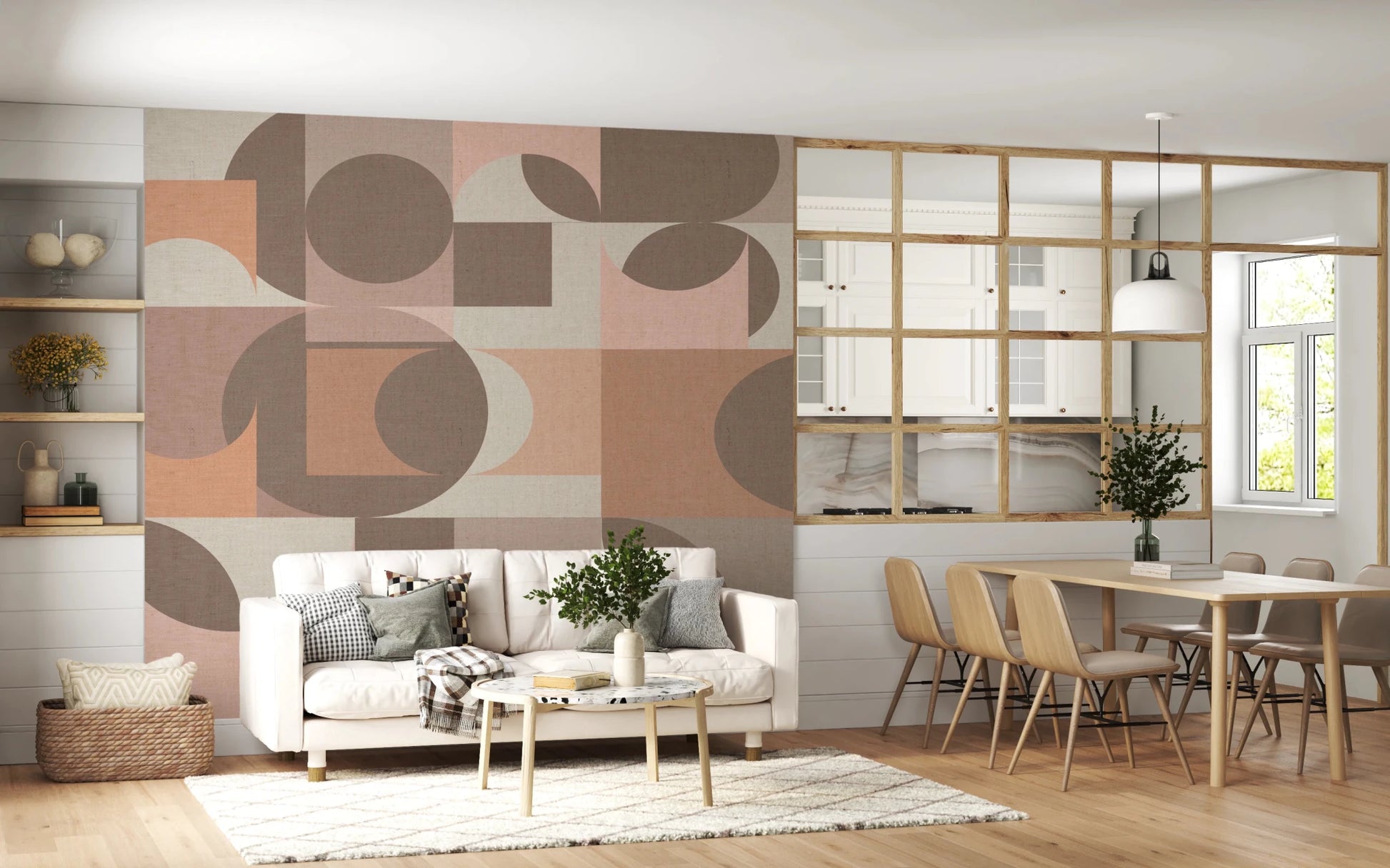 Earthy terracotta and pink abstract peel and stick art.