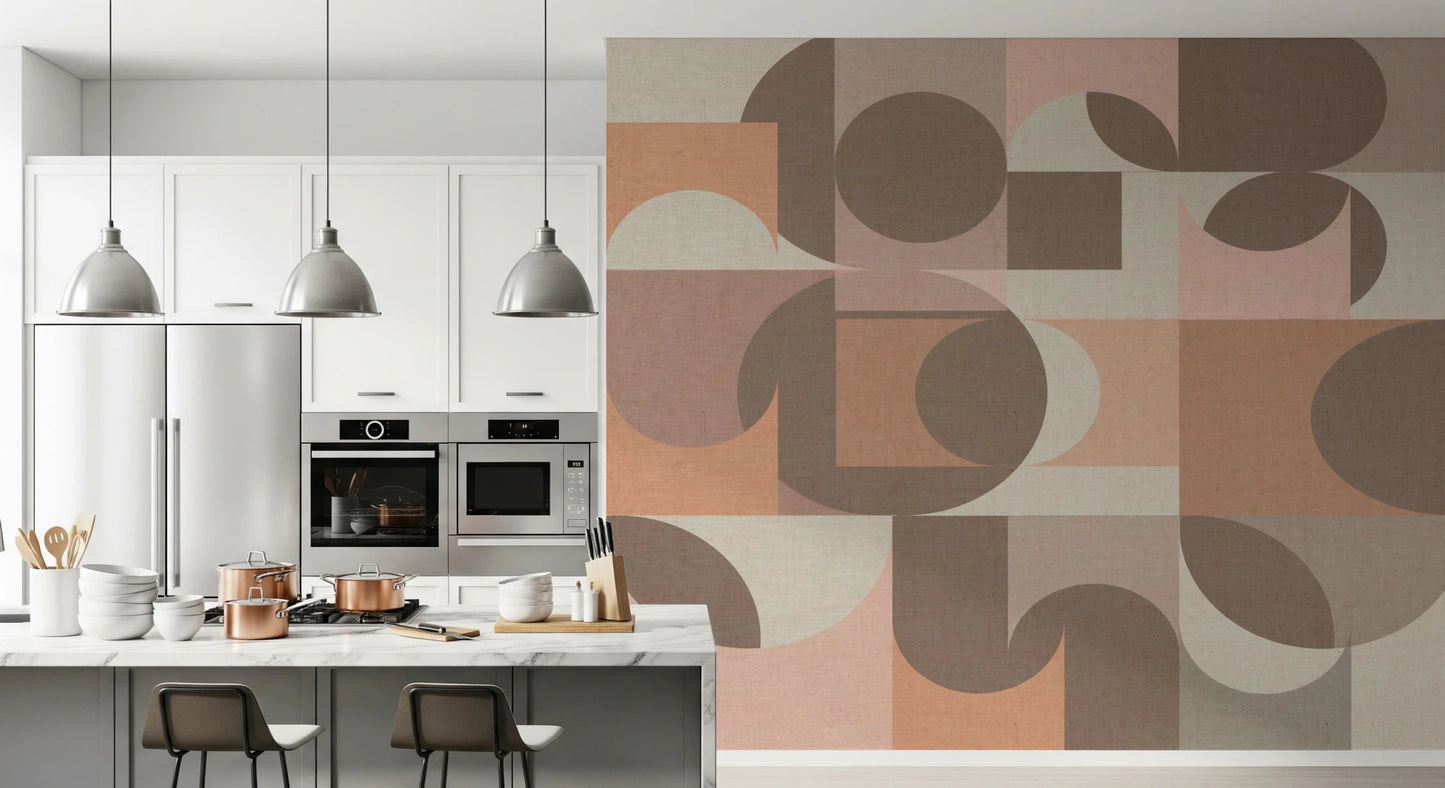 Neutral tone geometric wall art for a modern bedroom.