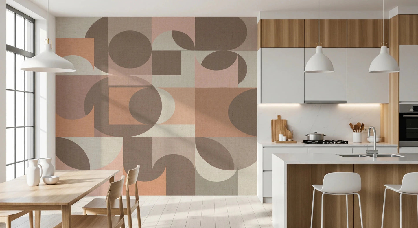 Modern geometric wall mural in soft neutral clay tones.