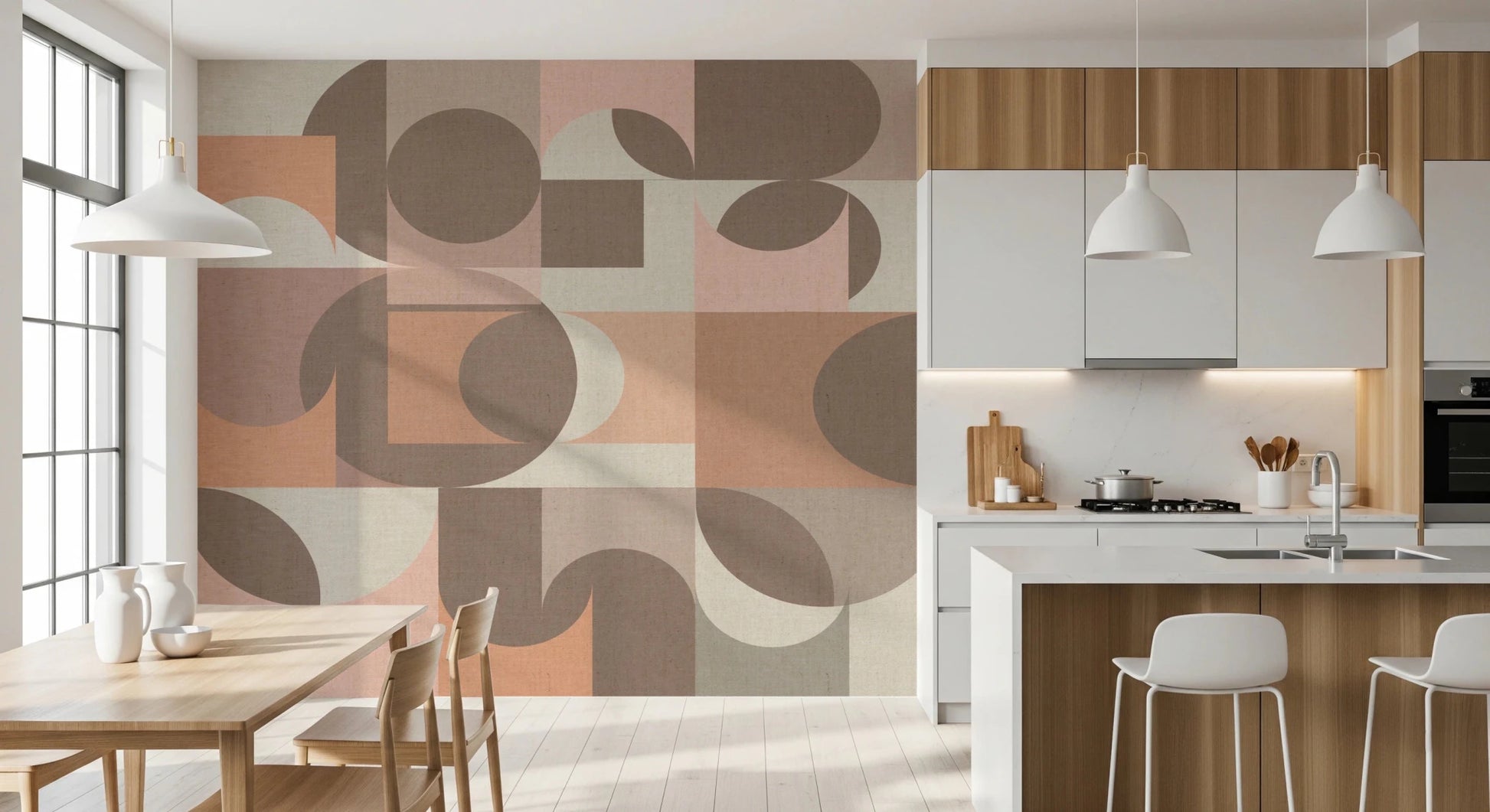 Modern geometric wall mural in soft neutral clay tones.