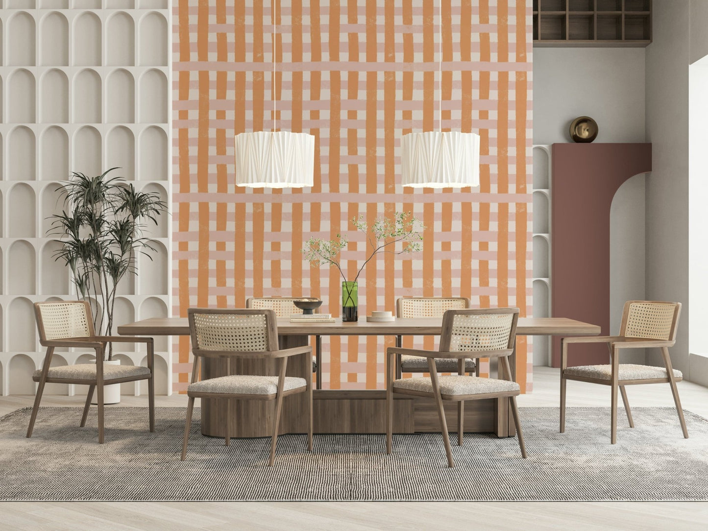 Terra Stripes Wallpaper, whimsical gingham, muted terracotta design.