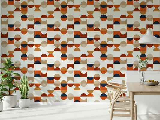 Tan orange navy geometric design Terra Tones Tiles wallcovering.