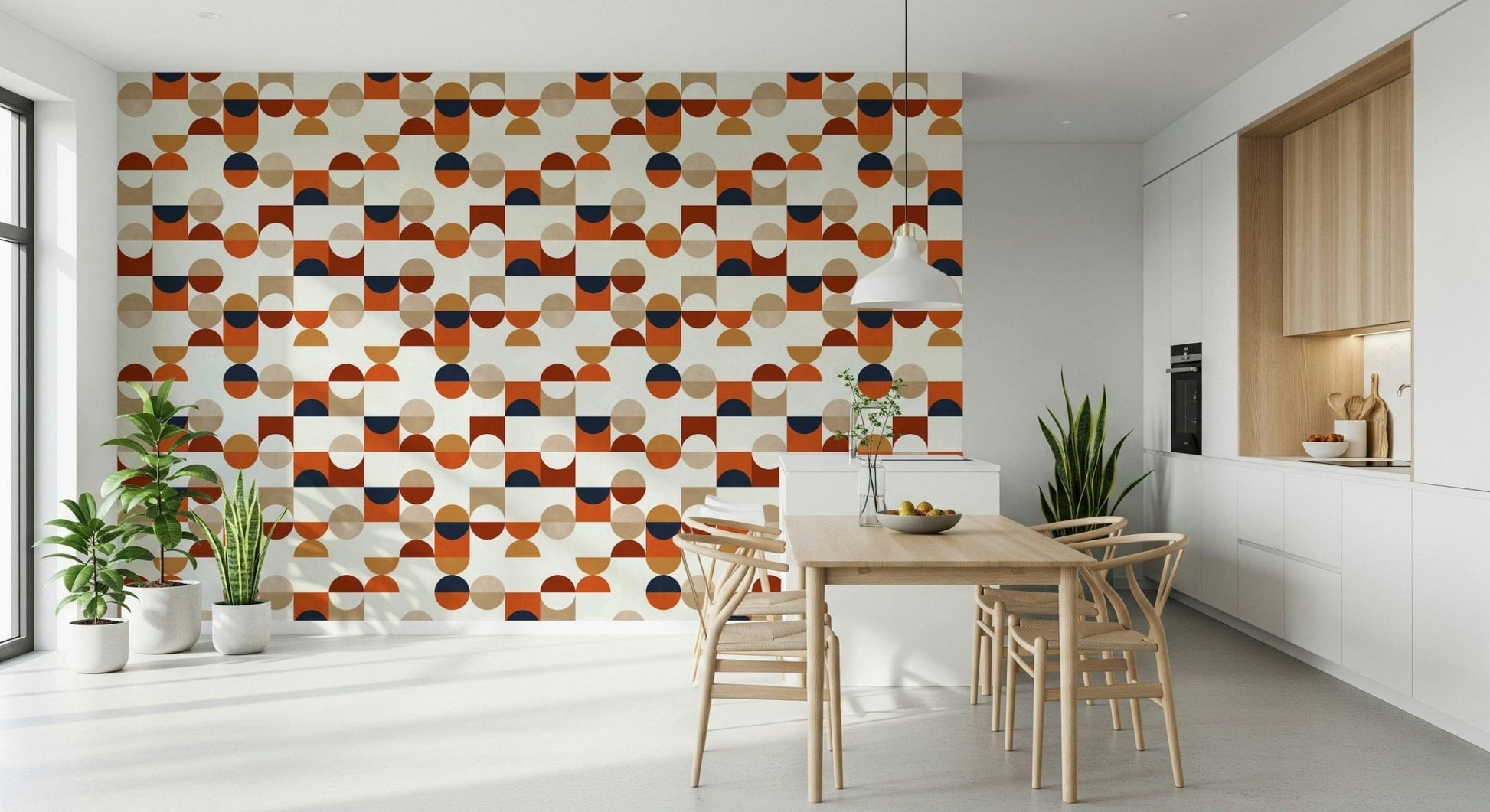 Tan orange navy geometric design Terra Tones Tiles wallcovering.