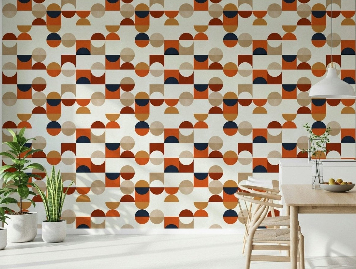 Tan orange navy geometric design Terra Tones Tiles wallcovering., GD7131