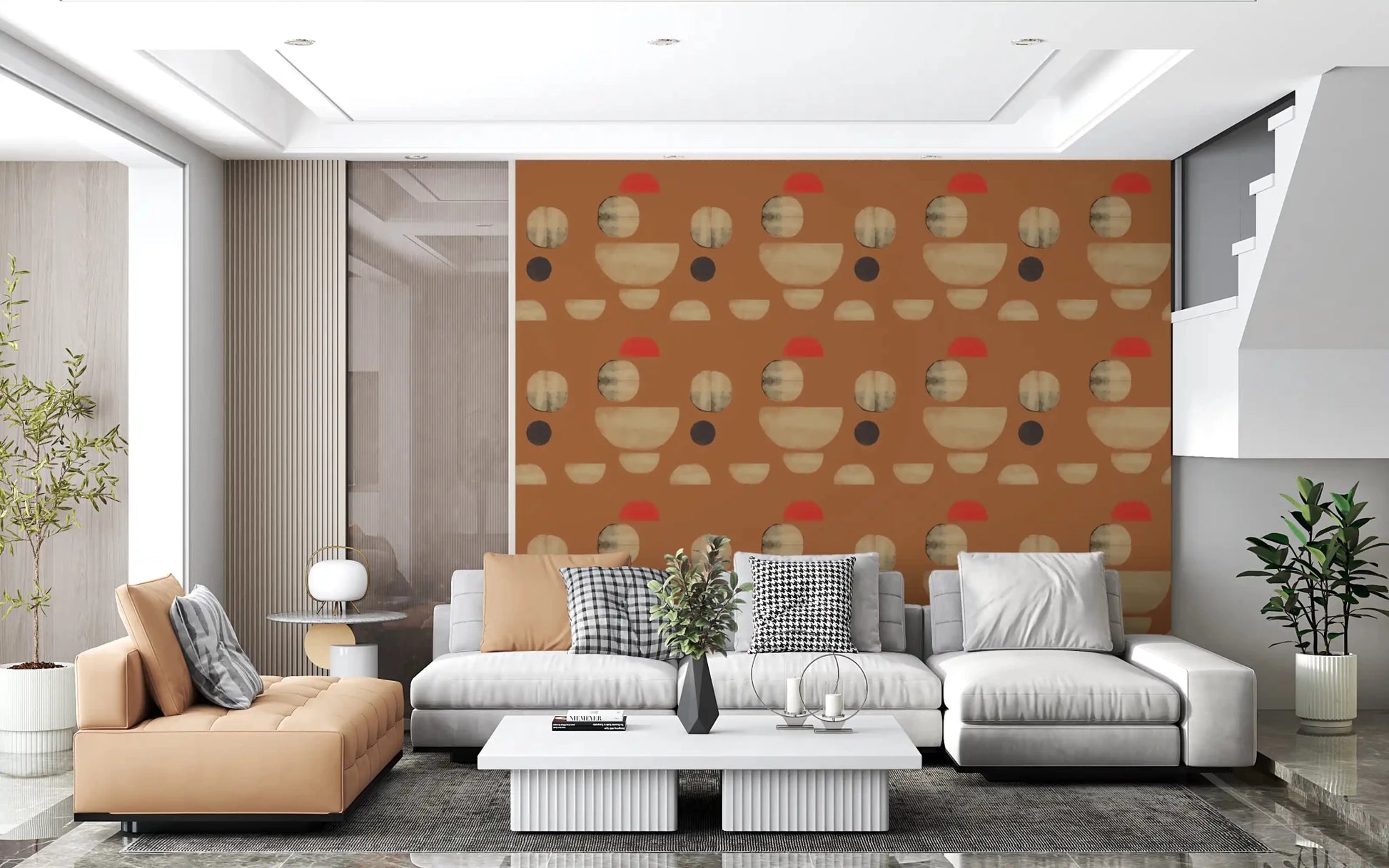 Living room setup with Terracotta Abstract Forms wallpaper modern look, GD9253