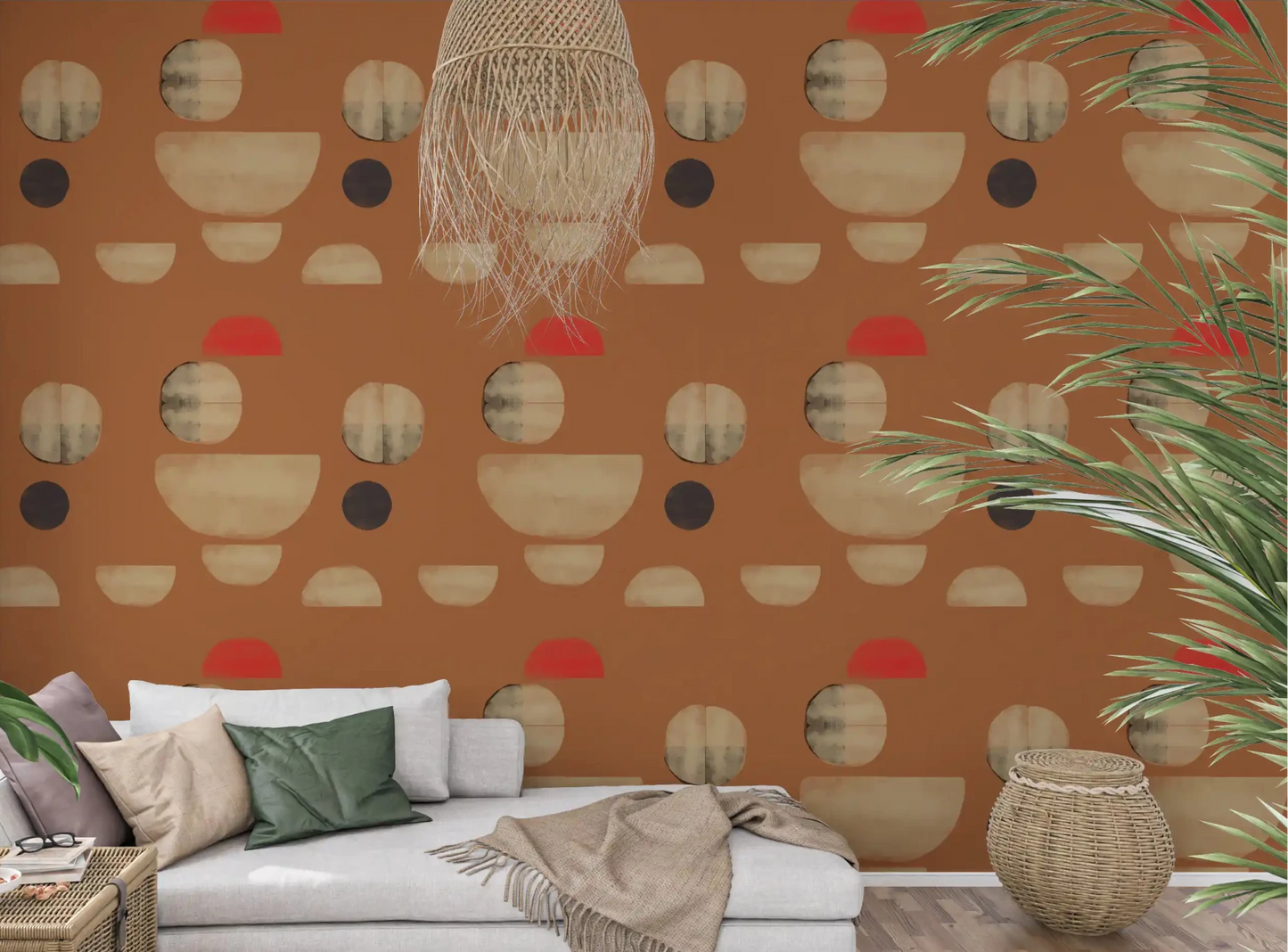 Hallway room styled with Terracotta Abstract Forms wallpaper earthy shapes, GD9253