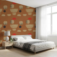 Bedroom wall featuring Terracotta Abstract Forms wallpaper warm tones, GD9253
