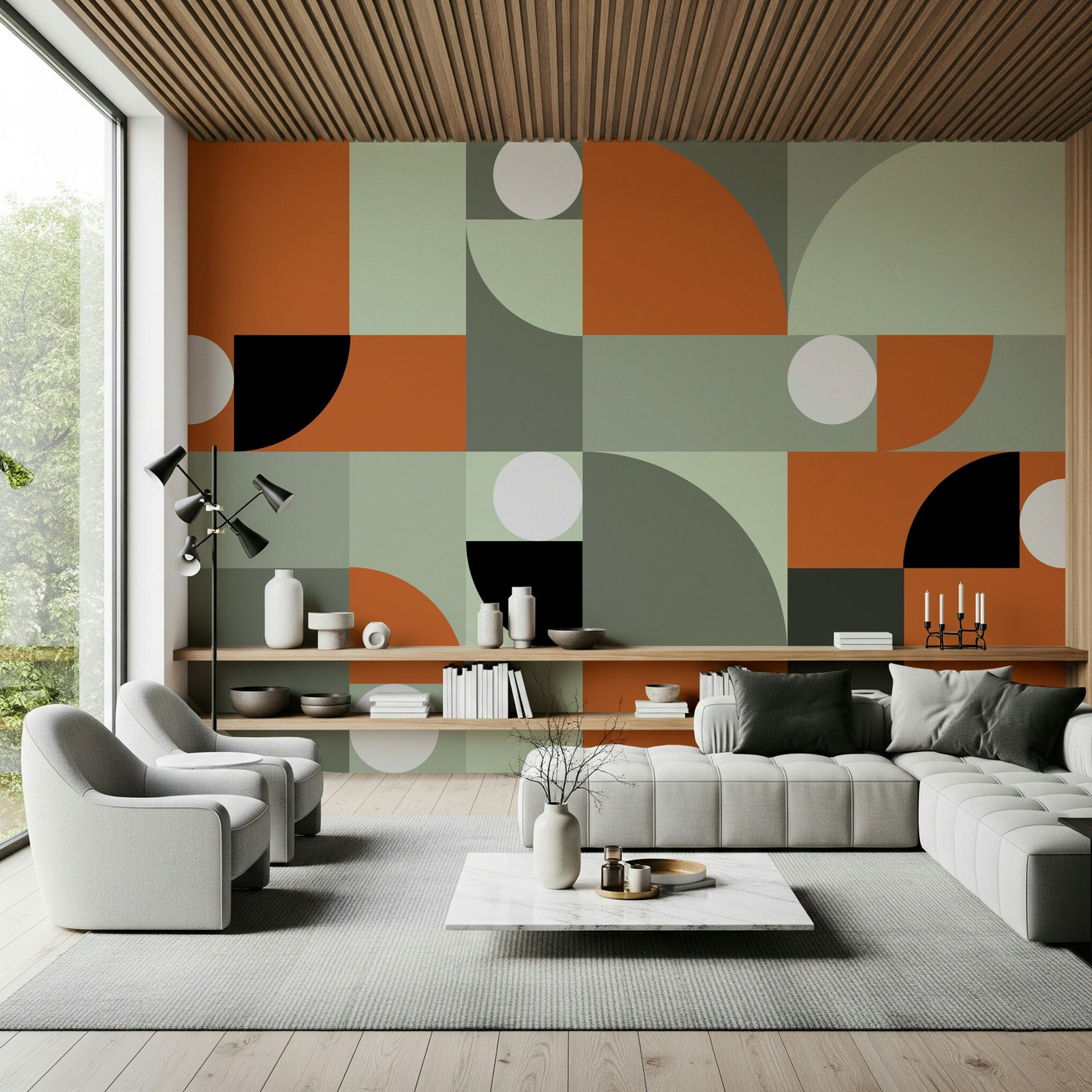 Terracotta and Gray Wall Mural in a stylish, contemporary living room.