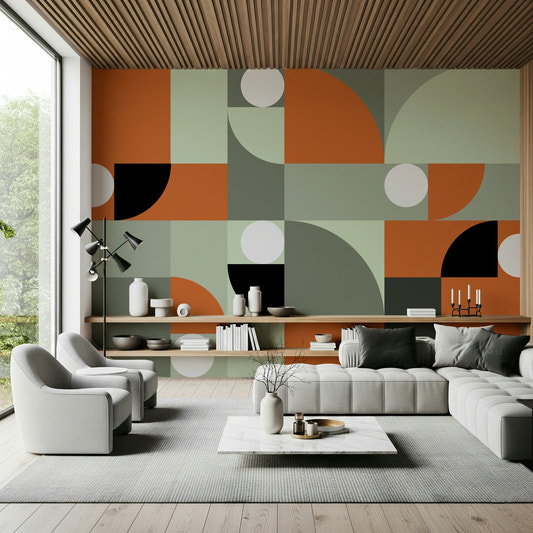 Terracotta and Gray Wall Mural in a stylish, contemporary living room.