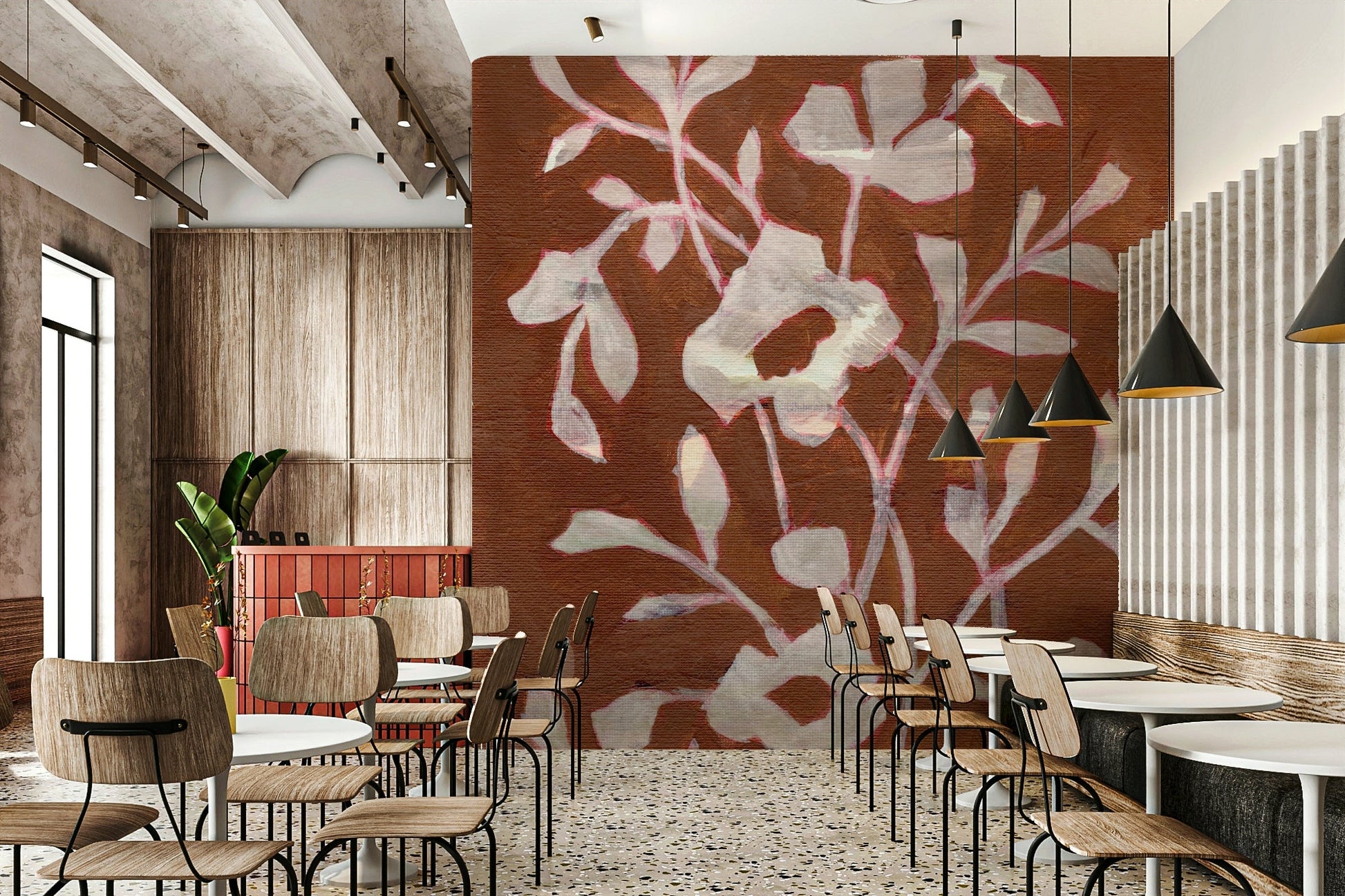 Cozy corner with warm floral wall mural

