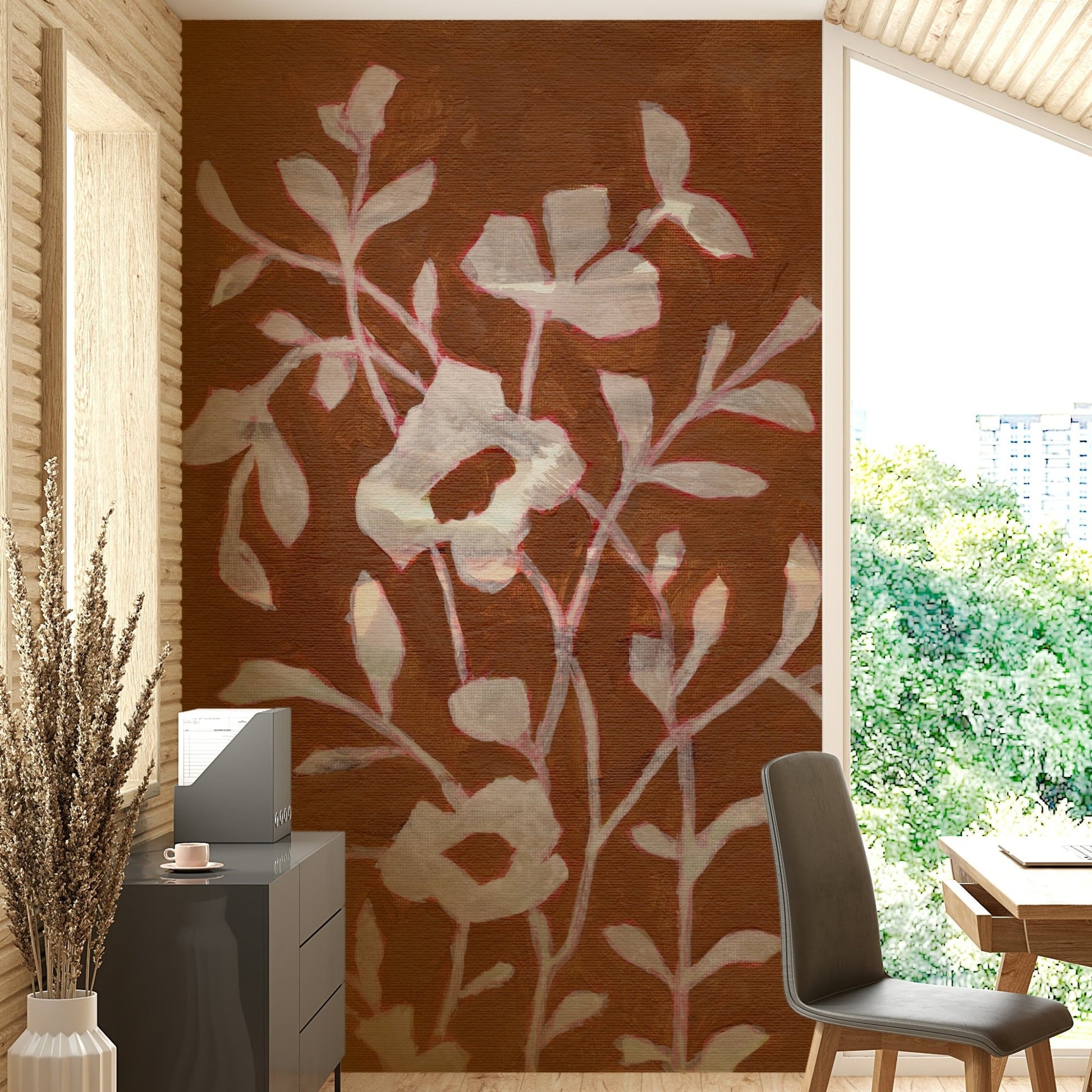 Wall mural featuring warm floral motifs

