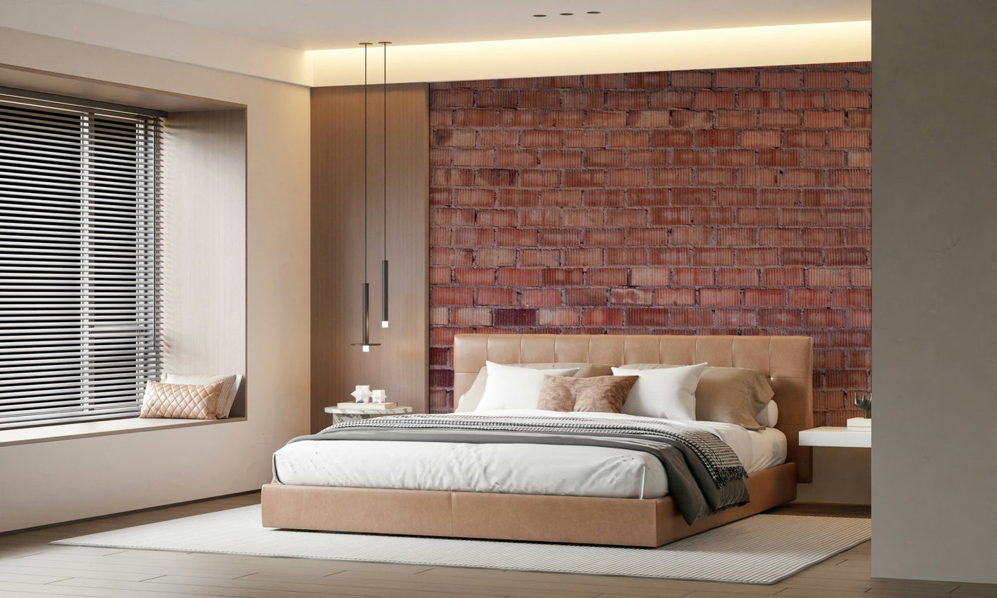 Industrial-style room with faux brick wall mural.