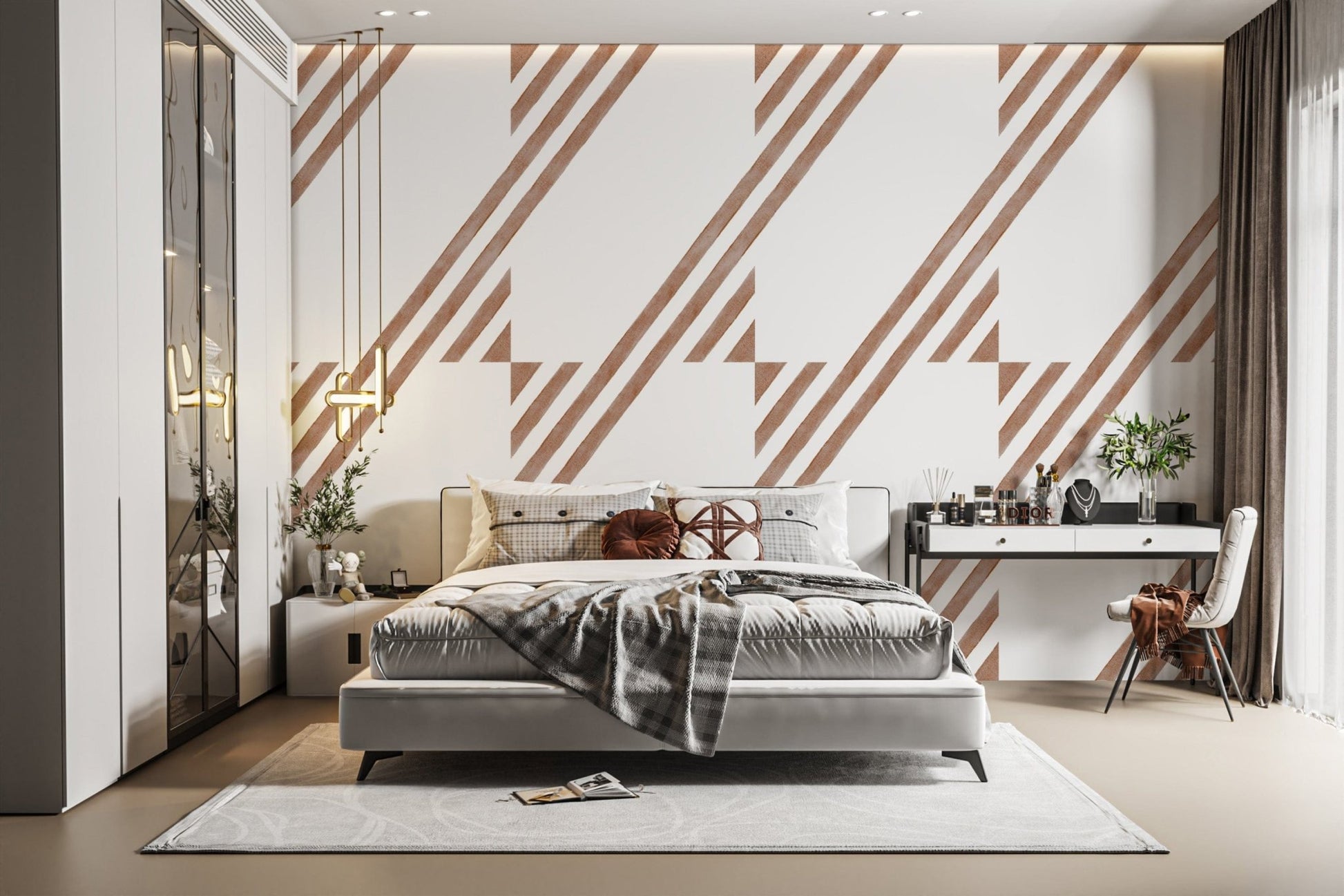 Diagonal terracotta striped wallpaper look
