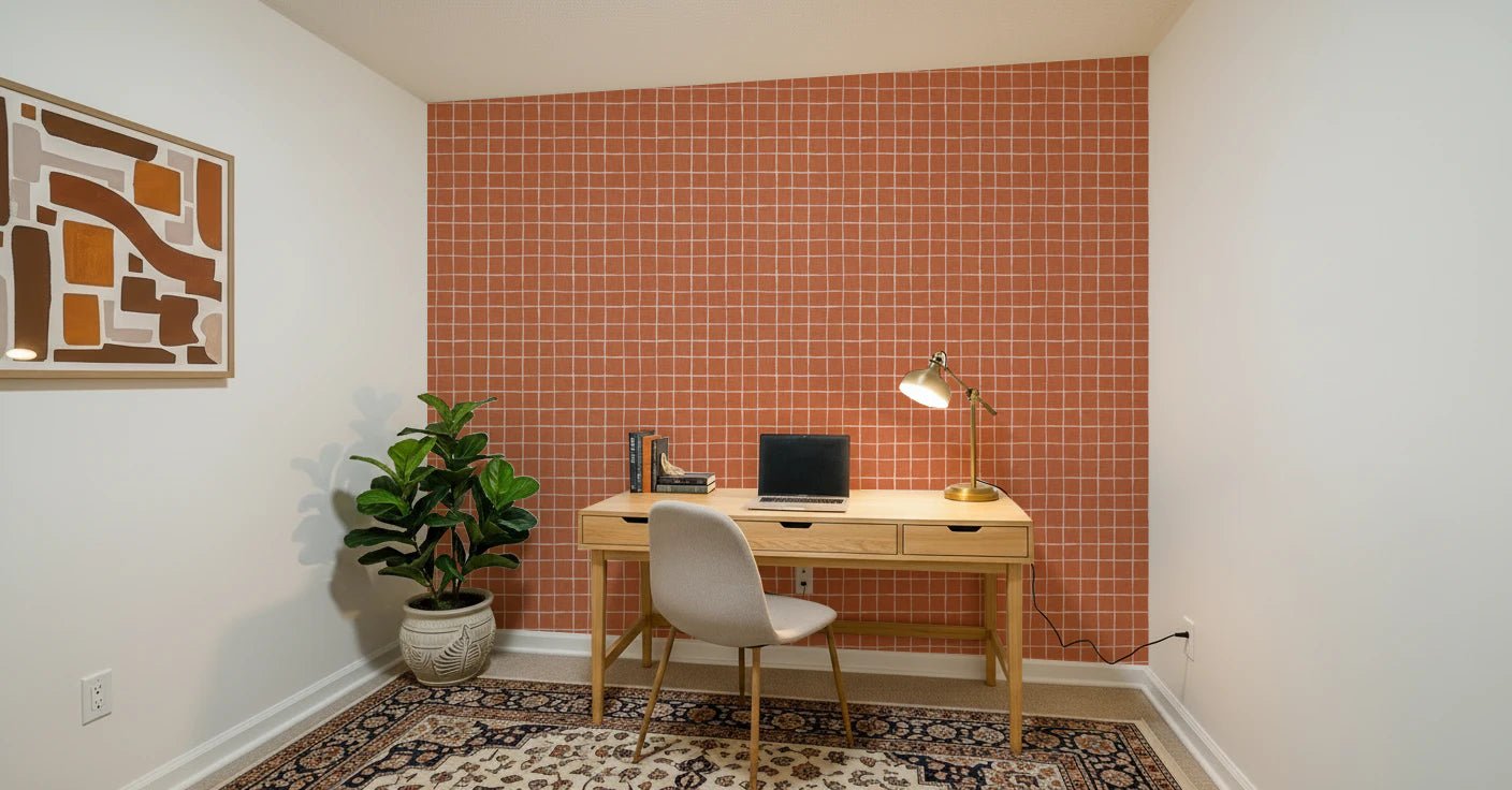 Earthy orange linen pattern with thin white grid