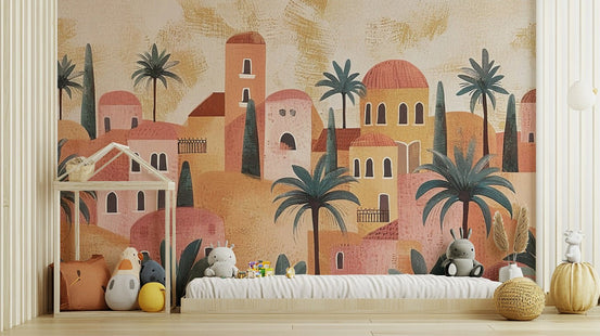 Terracotta house wallpaper adds warmth to nursery walls C446