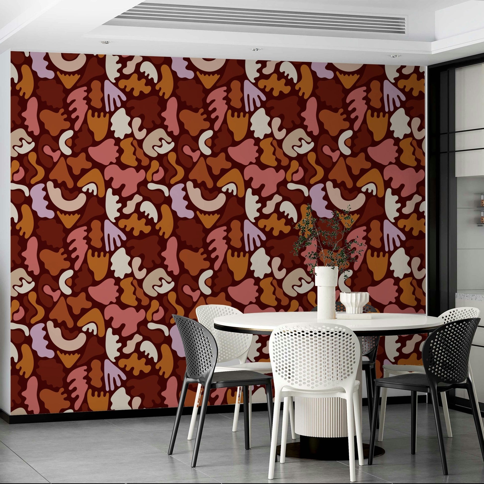 Light and dark terracotta tones in wave-patterned wallpaper.

