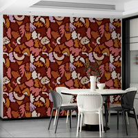 Light and dark terracotta tones in wave-patterned wallpaper.

