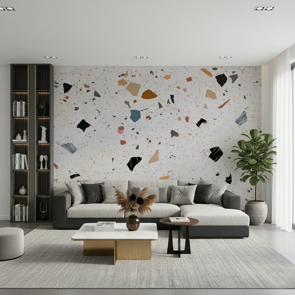Colorful Terrazzo pattern wallpaper on a cream base.