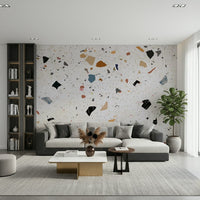 Colorful Terrazzo pattern wallpaper on a cream base.