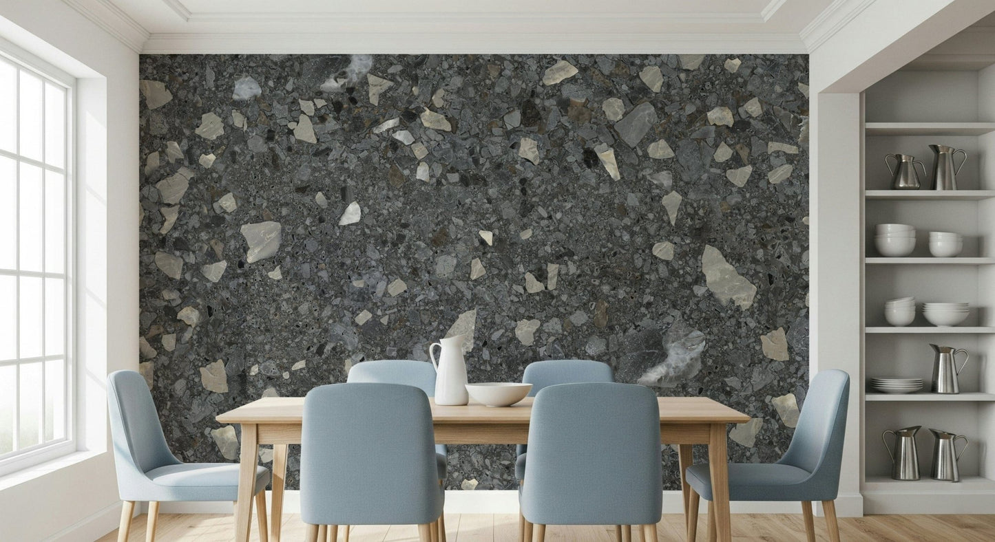 Elegant dark gray Terrazzo aggregate wallpaper for interior