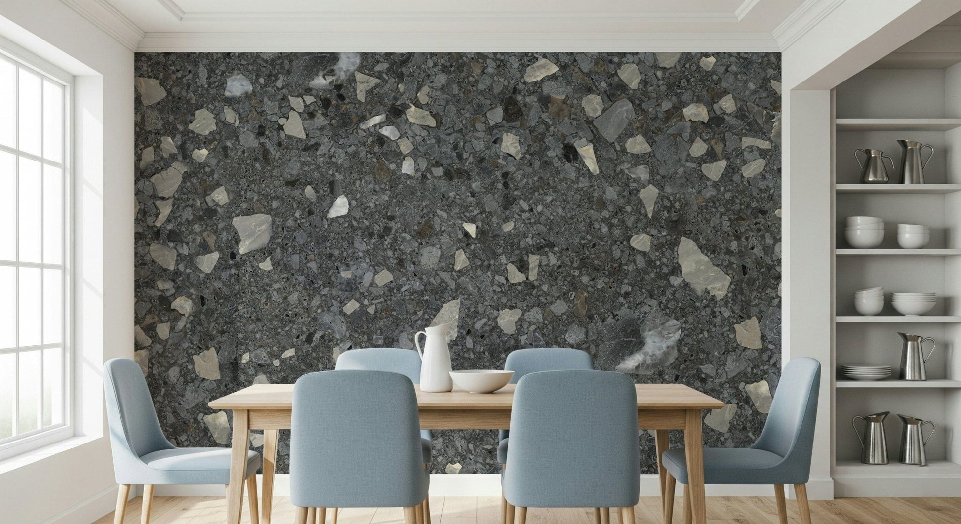 Elegant dark gray Terrazzo aggregate wallpaper for interior