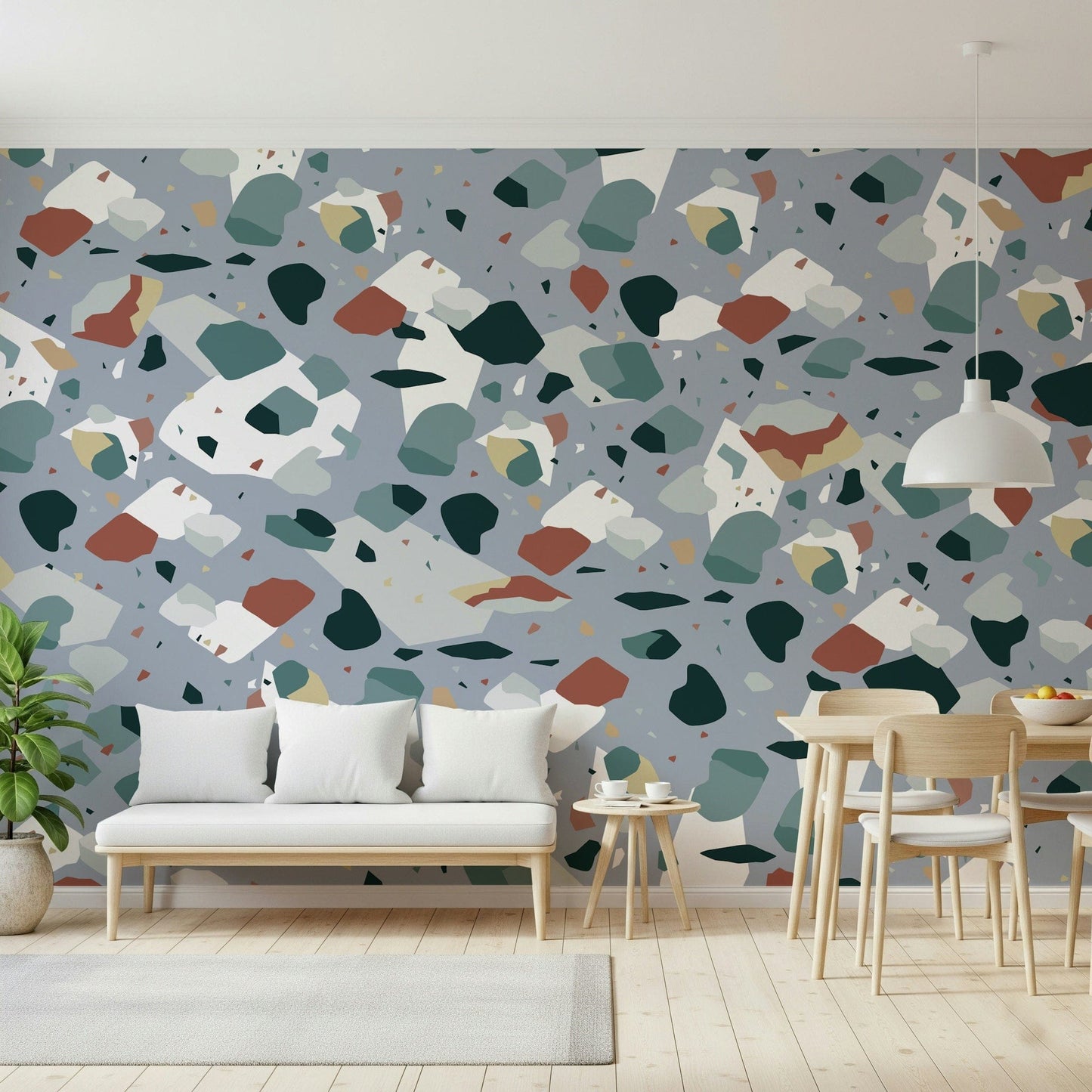 A beautiful terrazzo pattern wallpaper mural with colorful chips.