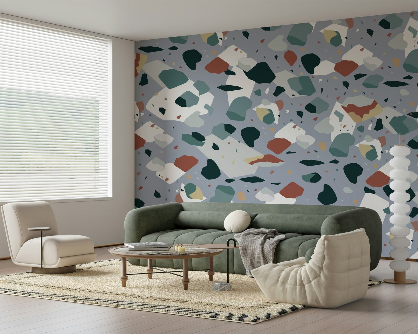A peaceful modern abstract mural on decorative wallpaper.
