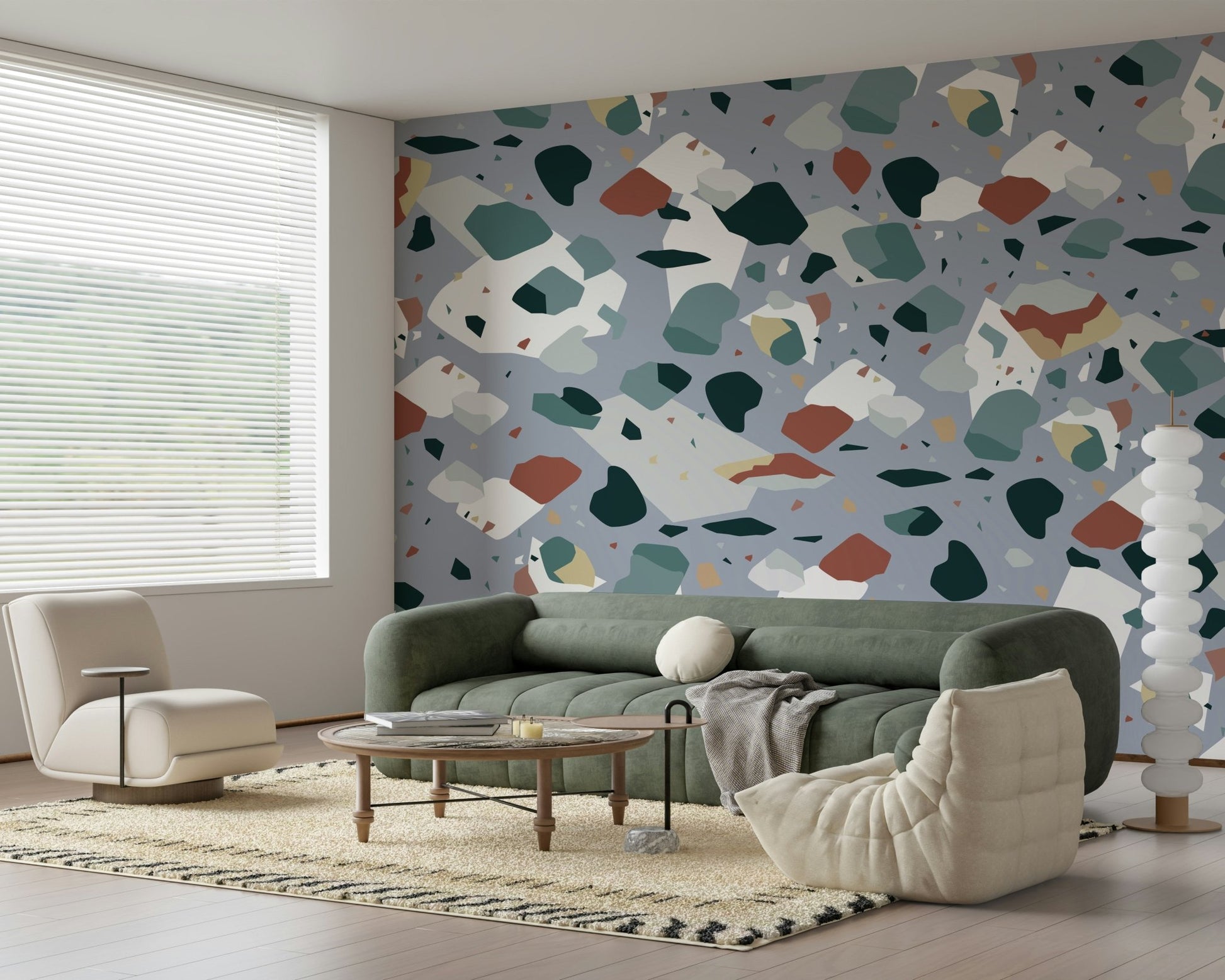 A peaceful modern abstract mural on decorative wallpaper.