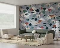 A peaceful modern abstract mural on decorative wallpaper.