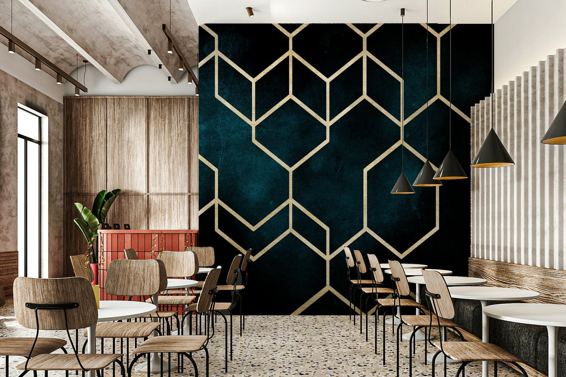 The style is graphic, geometric, and modern.
