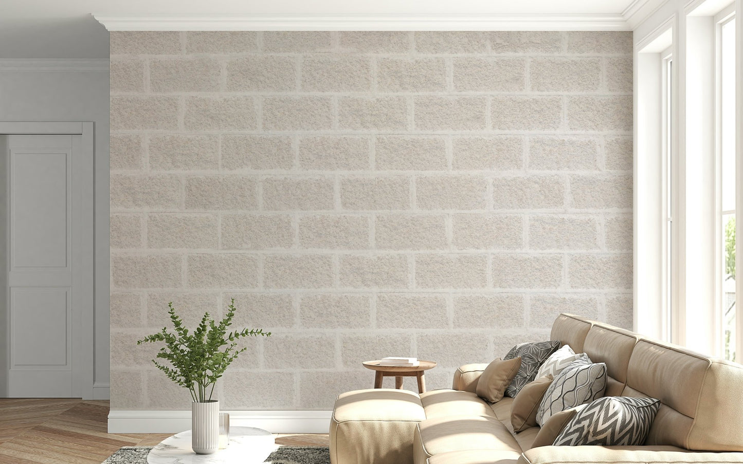 Minimalist kitchen showcasing the Textured Beige Bricks wallpaper for walls.