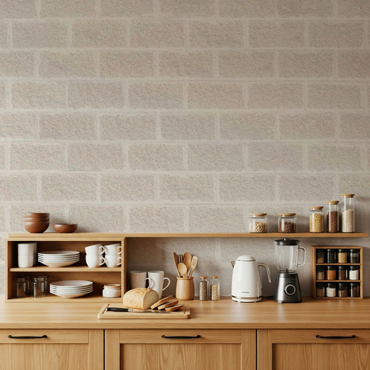 Full living room featuring the bright Textured Beige Bricks Wall Mural.