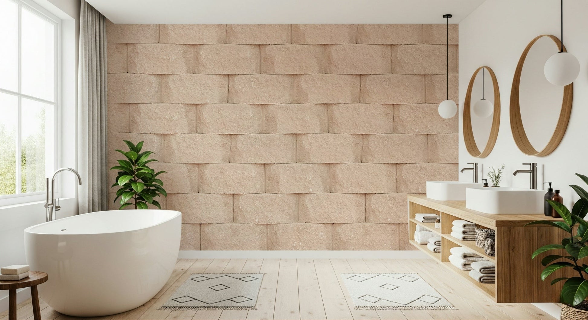Textured Blocks Wall Mural applied behind a sleek, modern headboard.