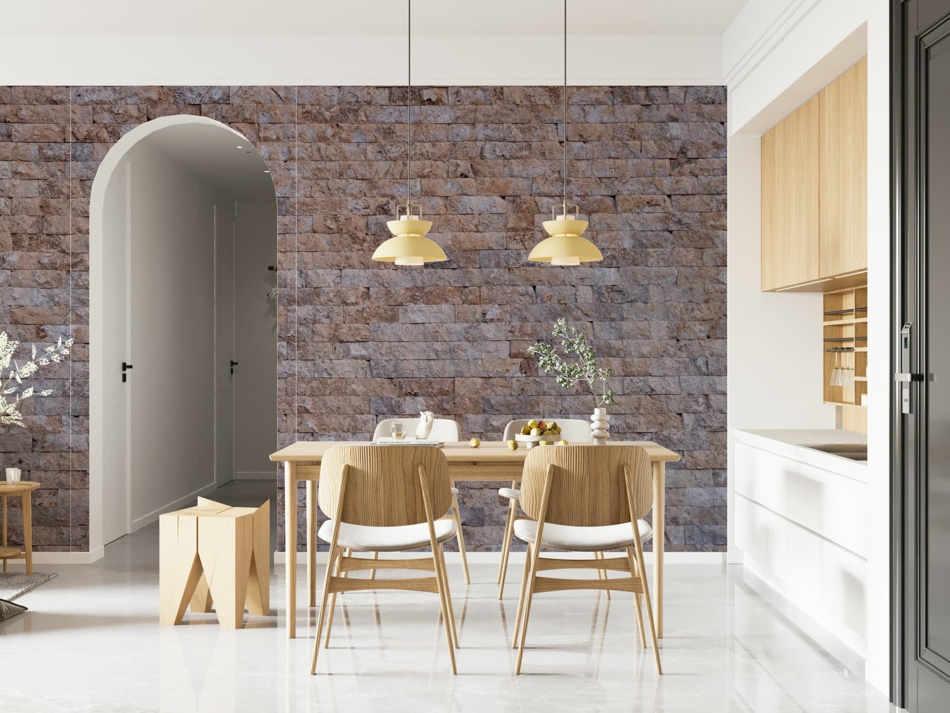 Entryway accent wall with the rustic Textured Brick peel and stick wallpaper.