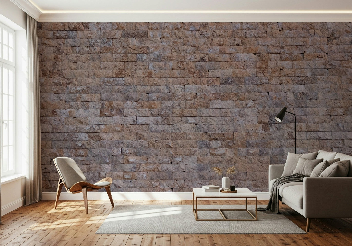 Urban home office featuring the exposed brick wallpaper mural.