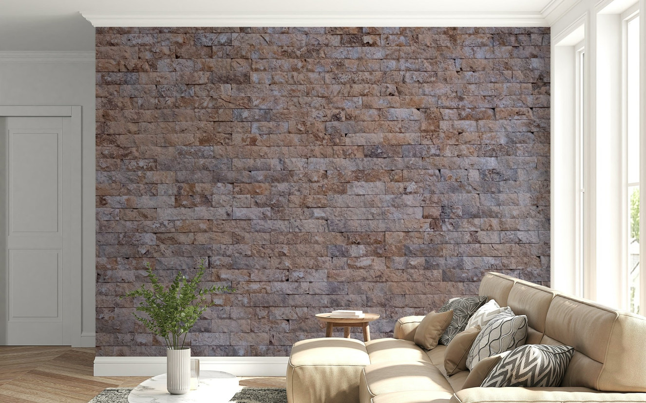 Full living room featuring the stylish Textured Brick Wall Mural.