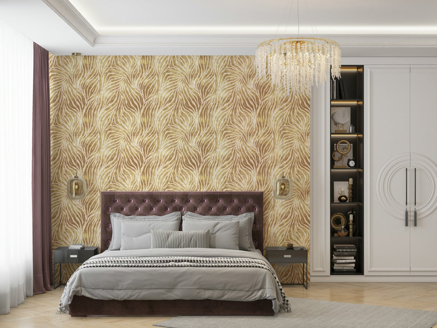 Textured gold zebra print wallpaper full view

